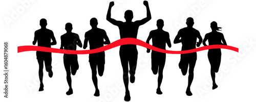 Silhouetted runners crossing finish line