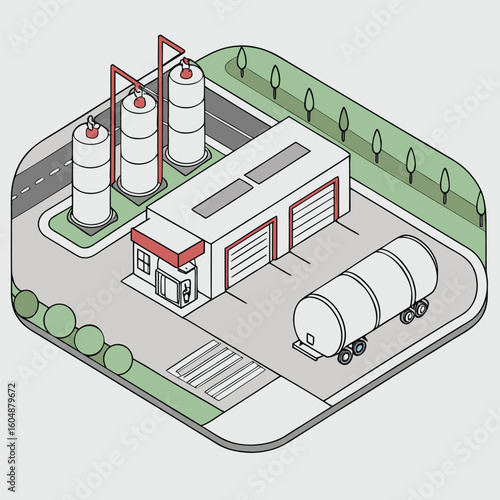 Isometric view of a fuel depot with storage tanks, building, and a tanker truck creating a clean design