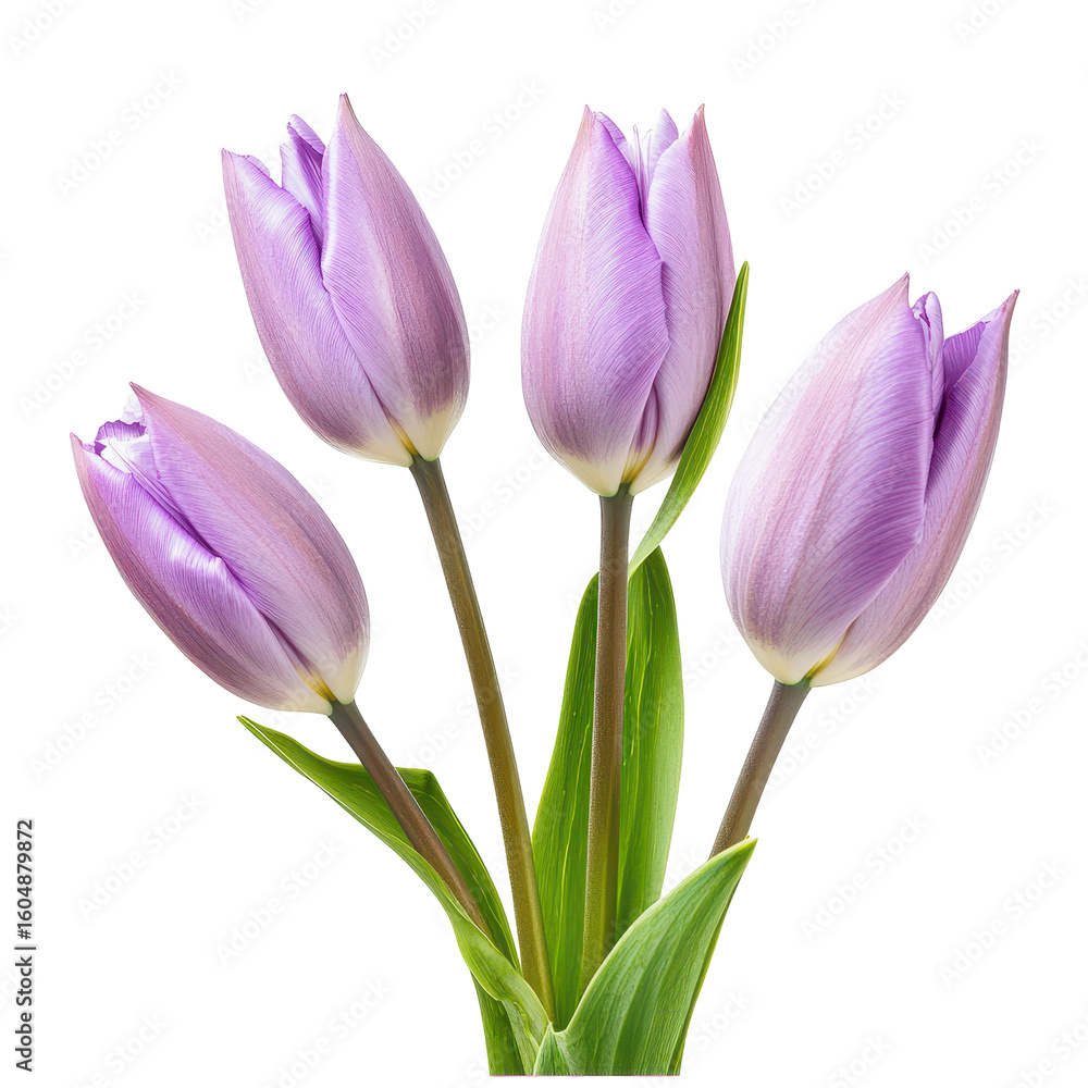 Naklejka premium Fresh purple tulips arranged in a bouquet against a white background showcasing natural beauty