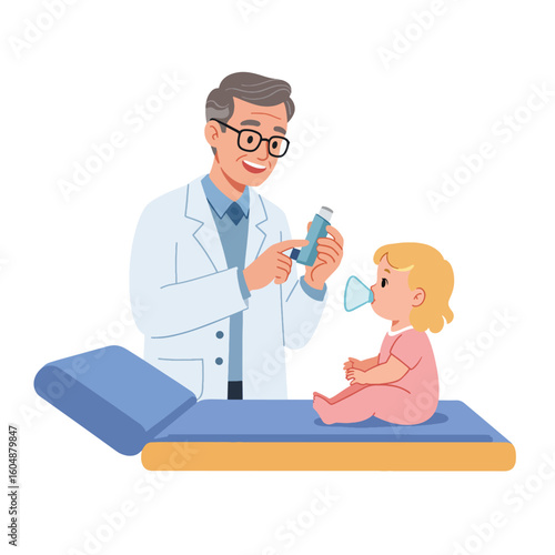 Doctor explaining asthma inhaler use to a young child sitting on an examination table, wearing a mask.