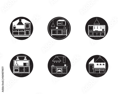 Set of black and white kitchen icons depicting various design styles and layouts for home interior decor and renovation projects
