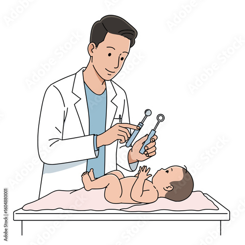 A doctor in a white coat examines a baby lying on a table with dental instruments, preparing for a checkup.