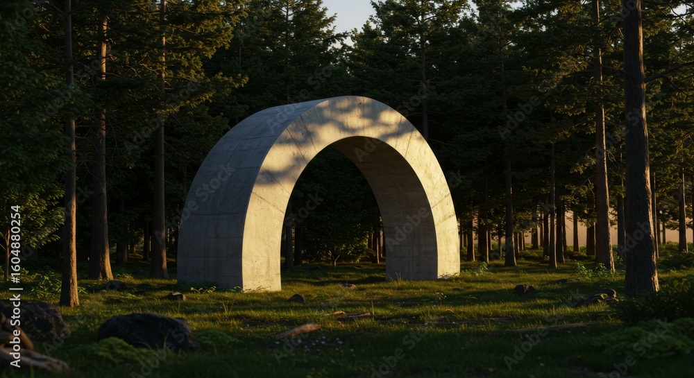Obraz premium Concrete Archway in Forest - A minimalist concrete arch stands tall in a sun-dappled forest, creating a serene and intriguing scene