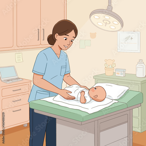 A nurse tenderly wraps a newborn baby in a white blanket on a changing table in a doctor's office.