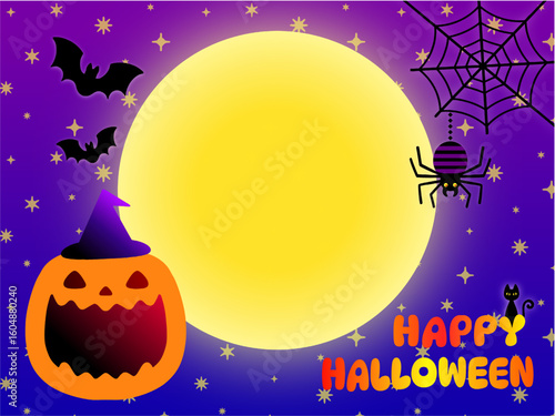 不気味ハロウィーンの夜の満月背景　かわいいカボチャのハロウィンデザイン