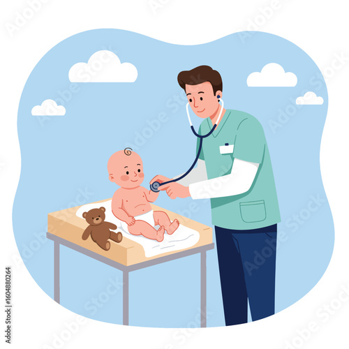 Illustration of a male doctor examining a baby with a stethoscope on a changing table, with a teddy bear beside them.