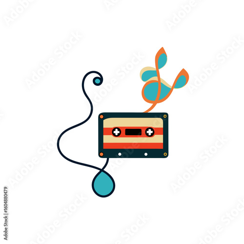 retro cassette tape unraveling with musical notes 