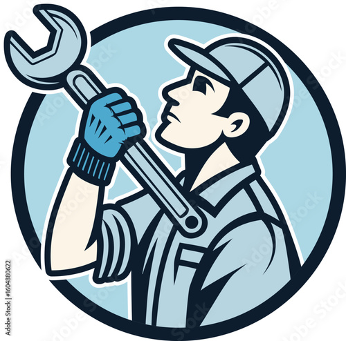 Mechanic holding wrench retro style vector illustration, Industrial worker illustration for automotive and repair services, Mechanic mascot logo