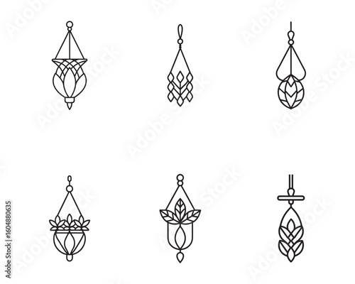 Set of decorative macrame plant hangers with leaf and geometric patterns for modern home decor or boho style design elements