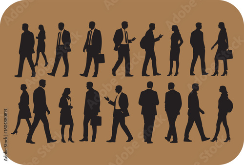 Silhouetted business professionals walking in a diverse group against a textured brown background representing urban commute and daily life