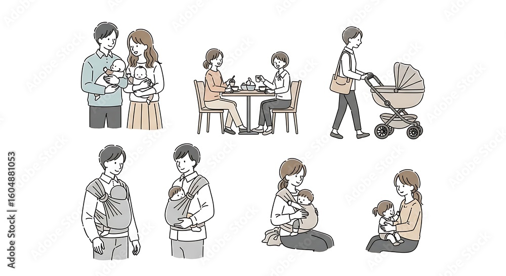 Fototapeta premium Diverse families and childcare activities illustrated with a warm and inviting aesthetic for various lifestyle and parenting themes