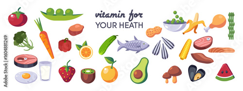 Food vector icon set. Vitamins food sources. Natural vitamin, vegetarian food sources.