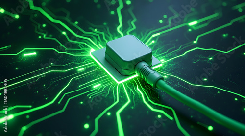Wallpaper Mural Glowing green holographic plug connected to circuit board with bright neon lines spreading out, symbolizing digital connectivity and energy flow Torontodigital.ca