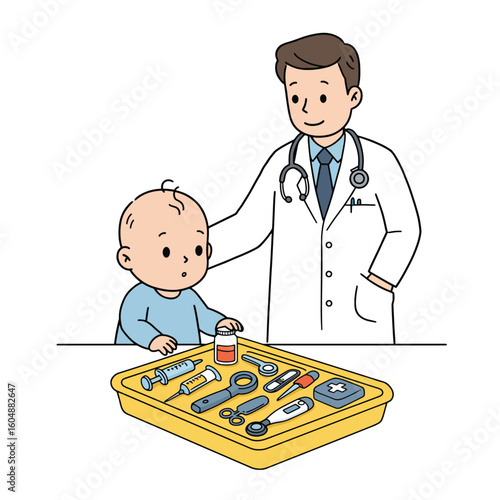 A doctor in a white coat gently places his hand on a baby's head, while a tray of medical tools sits on the table.