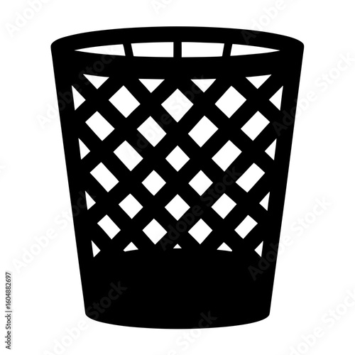 Black silhouette of a mesh wastepaper basket on a white background