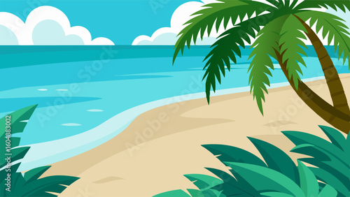 Tropikalna plaża. Egzotyczny, letni krajobraz z palmą i morzem, idealne tło na wakacyjne projekty.