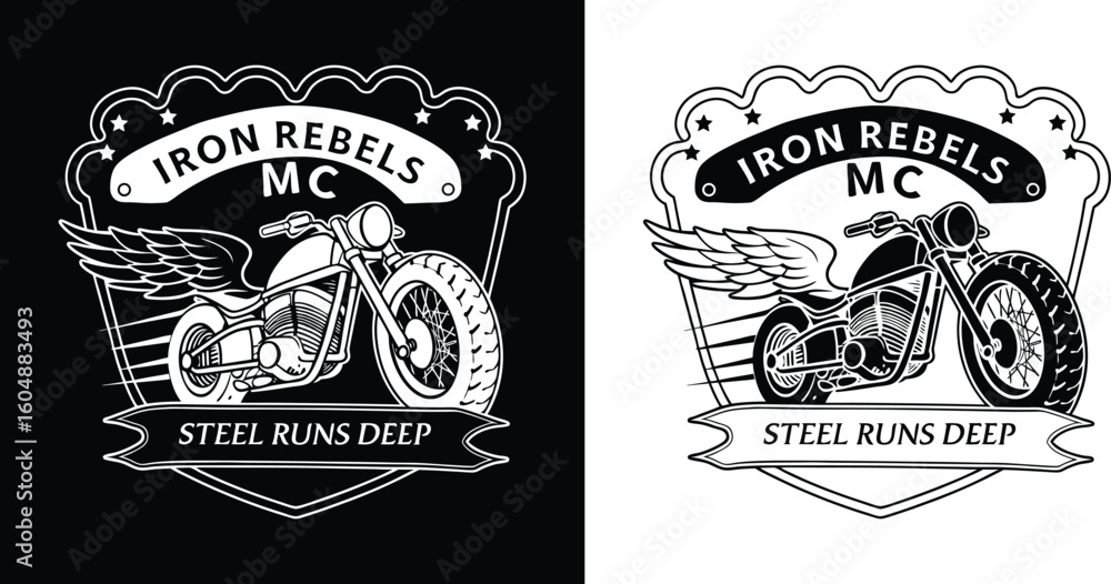 Obraz premium Iron rebels mc emblem featuring a winged motorcycle and the motto steel runs deep symbolizing a strong biker community and identity