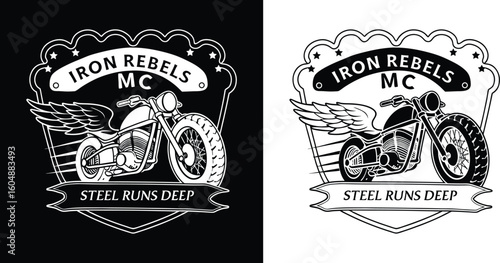 Iron rebels mc emblem featuring a winged motorcycle and the motto steel runs deep symbolizing a strong biker community and identity