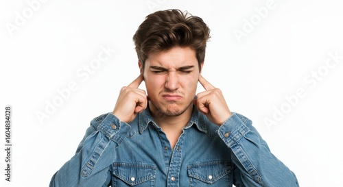Man Covering Ears Frustrated - Young man in denim shirt covering his ears, expressing frustration or annoyance. Isolated on white background