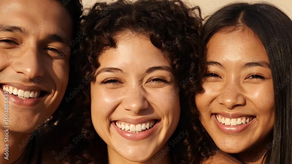 Close-up of happy diverse friends laughing and smiling Joyful multiethnic young people celebrating happiness and genuine friendship Close-up of happy diverse friends laughing and smiling Joyful multiethnic young people celebrating happiness and genuine friendship