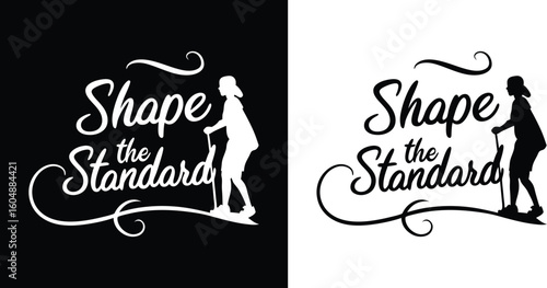 Shape the standard influential graphic design featuring shape the standard text and a person with a cane presented on both black and white backgrounds