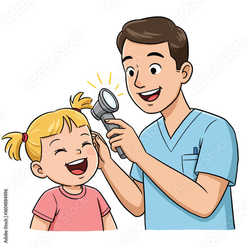 Cartoon illustration of a doctor examining a smiling young girl's ear with an otoscope.