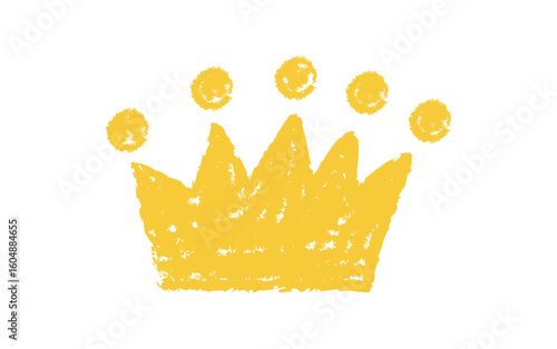 Hand-drawn wax crayon crown doodle icon. A playful chalk textured element for kids' designs, stickers, posters, creative illustrations.