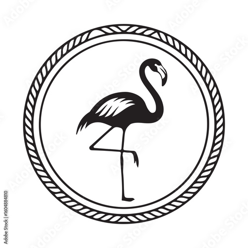 Silhouette of flamingo standing in a circle with decorative border