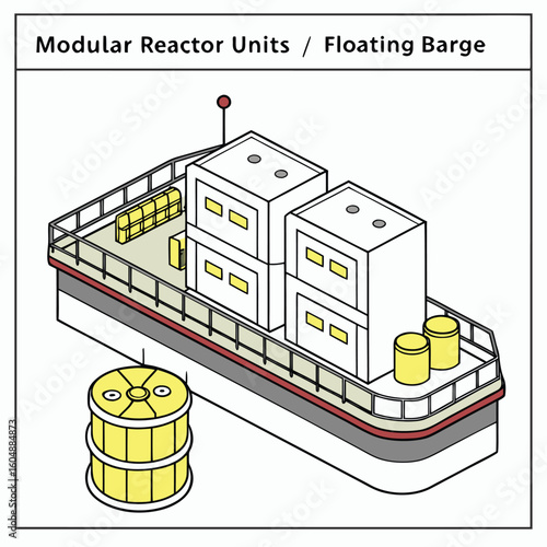 Isometric view of a floating barge with modular reactor units and cylindrical storage tanks on the deck