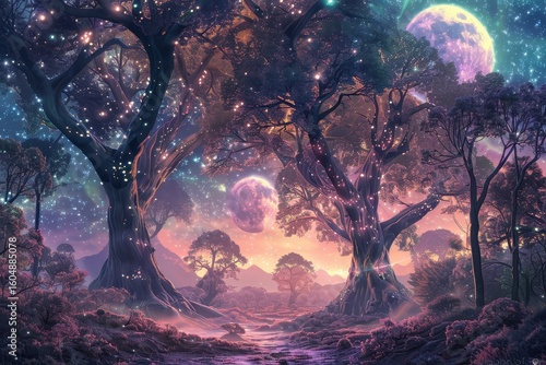 A fantasy forest with a path leading to a full moon
