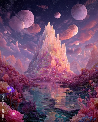A fantasy landscape with a castle and a river