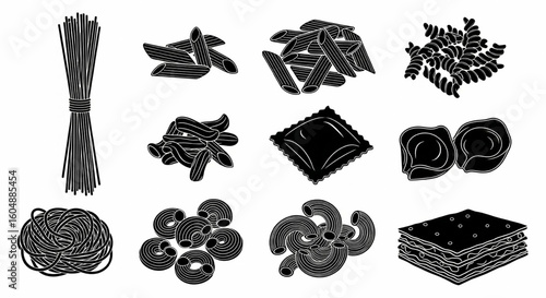 Various Pasta Types and Noodle Shapes Line Icon Set – Spaghetti, Penne, Fusilli, Ravioli, Tortellini, Macaroni, Lasagna Vector Illustration

