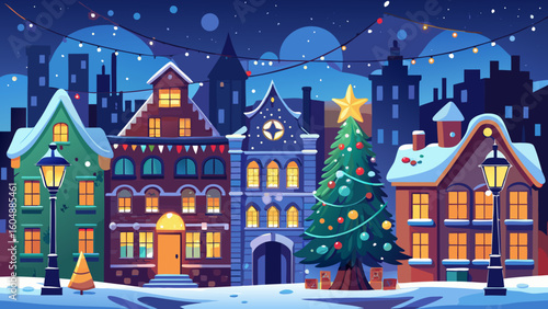 A festive christmas town scene with decorated houses tree lights and a snowy landscape at nighttime view
