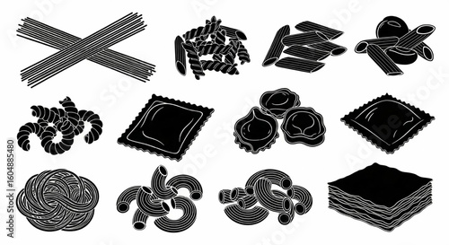 Various Pasta Types and Noodle Shapes Line Icon Set – Spaghetti, Penne, Fusilli, Ravioli, Tortellini, Macaroni, Lasagna Vector Illustration

