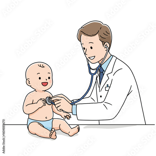 A doctor in a white coat examines a smiling baby with a stethoscope in a medical setting.