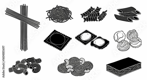 Various Pasta Types and Noodle Shapes Line Icon Set – Spaghetti, Penne, Fusilli, Ravioli, Tortellini, Macaroni, Lasagna Vector Illustration


