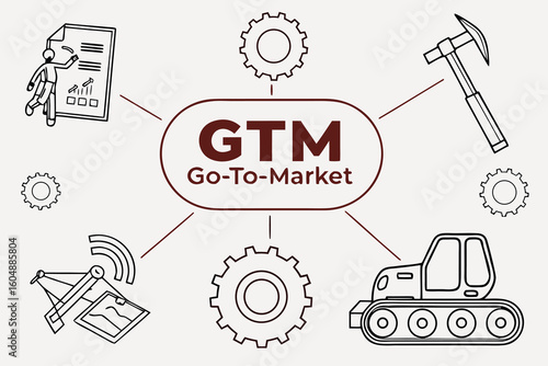 Illustration of go to market strategy with gears, construction equipment, and presentation graphics shown