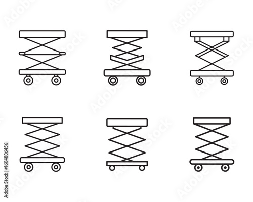 Set of scissor lift icons isolated on white background heavy duty industrial equipment and platform vehicles concept vector illustration