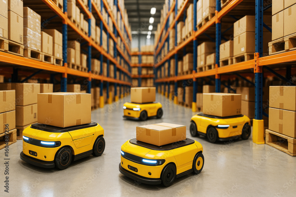 Fototapeta premium Yellow autonomous robots carrying cardboard boxes in a warehouse logistics automation