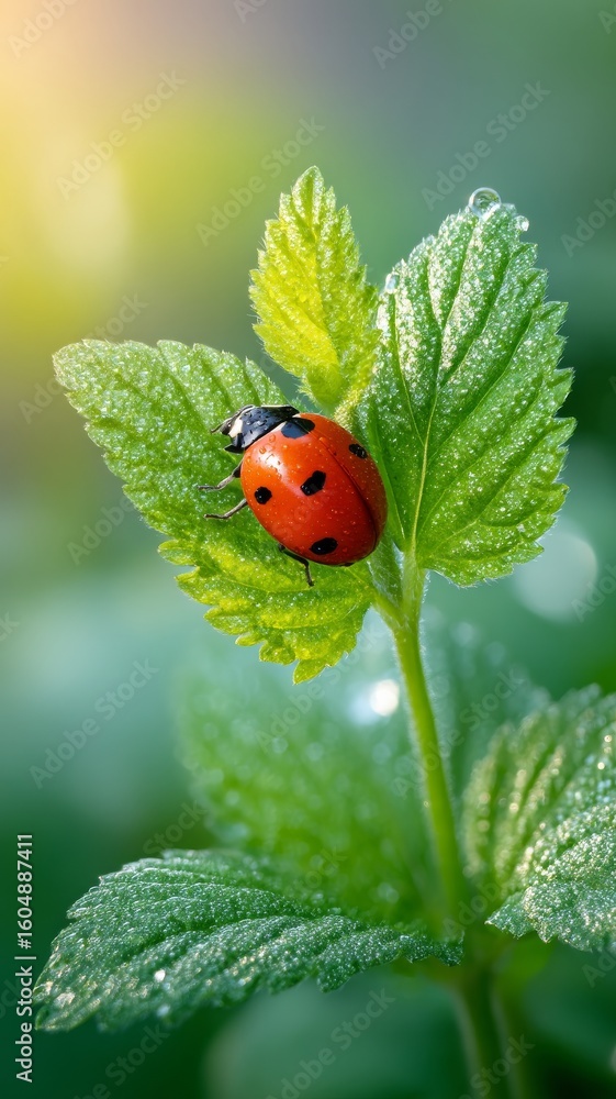 Fototapeta premium Ladybug Walking on Vibrant Green Leaves with Morning Dew in a Natural Setting