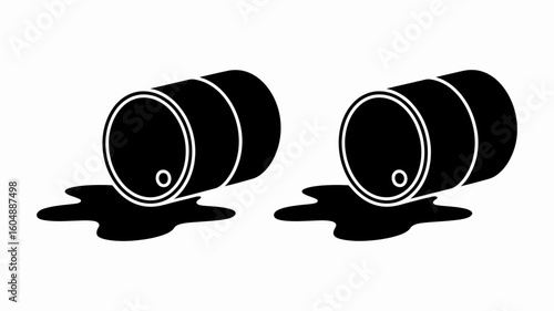 Oil Spill Incident with Two Leaking Barrels Causing Environmental Pollution and Industrial Accident Black and White Illustration