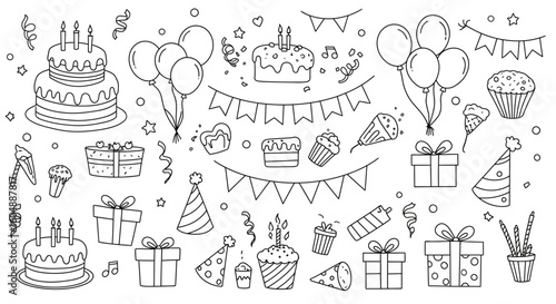 Birthday celebration elements white line art on transparent background