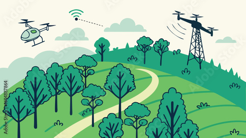 Two drones in a landscape with trees, a path, a tower and a wireless signal in the sky above the trees