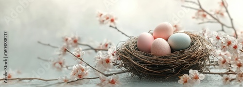 Bird's nest with pastel eggs among springtime blooming flowers