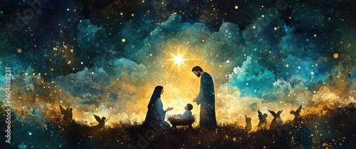 Beautiful watercolor illustration of a nativity scene under a starry night sky
