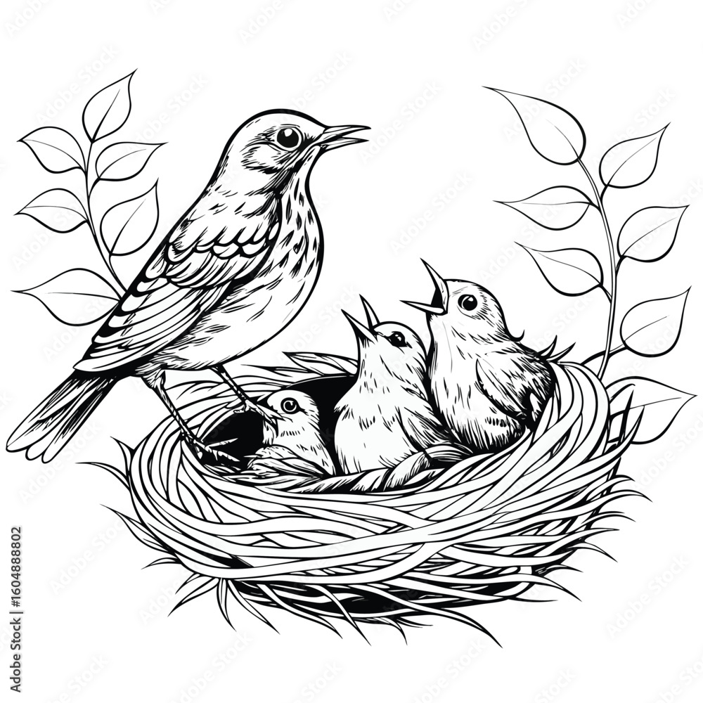 Fototapeta premium elegant bird with baby chicks in nest silhouette vector