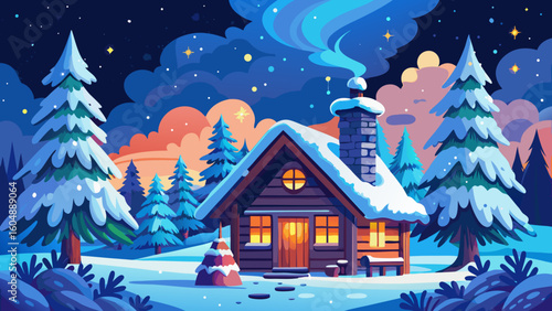 A cozy cabin nestled in a snowy landscape under a starlit sky with smoke rising from the chimney