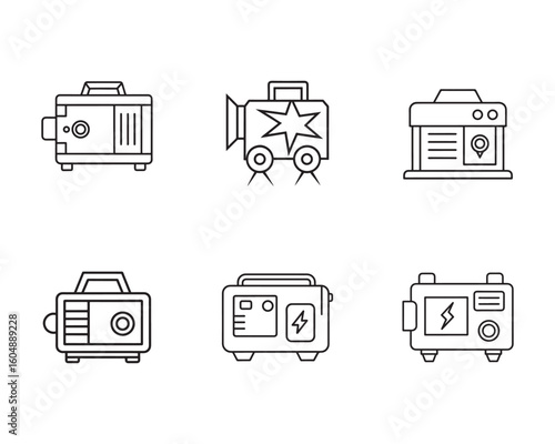 Set of Six Portable Generator Icons in a Line Art Style for Power and Energy Solutions