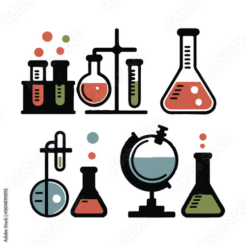 Vector art of a set of colorful science and chemistry lab equipment