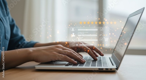Online Customer Feedback Review - Person using laptop, reviewing online feedback, stars, ratings, positive comments